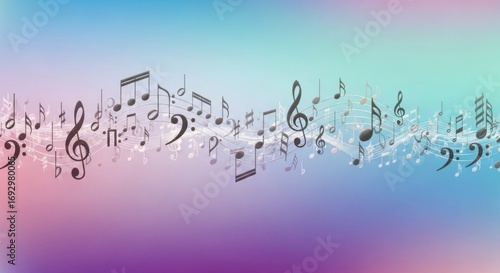 Musical notes and symbols flowing across a colorful, abstract background, creating a visual representation of music.
