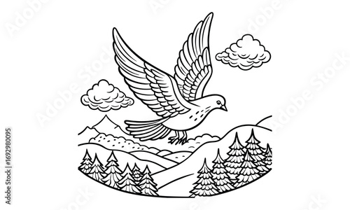 Dove Kids t shirt design silhouette and vector line art, Detailed Line Art, Perfect for Relaxation and Stress Relief, Great for Adult Coloring Books or Printable Art Therapy Activities.