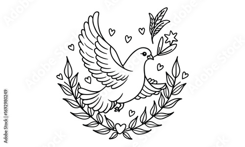 Dove Kids t shirt design silhouette and vector line art, Detailed Line Art, Perfect for Relaxation and Stress Relief, Great for Adult Coloring Books or Printable Art Therapy Activities.