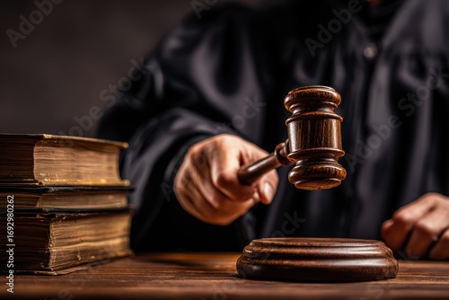 Judge in black robe striking wooden gavel in courtroom with antique legal books stacked on table symbolizing justice and law enforcement authority