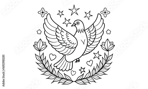 Dove Kids t shirt design silhouette and vector line art, Detailed Line Art, Perfect for Relaxation and Stress Relief, Great for Adult Coloring Books or Printable Art Therapy Activities.