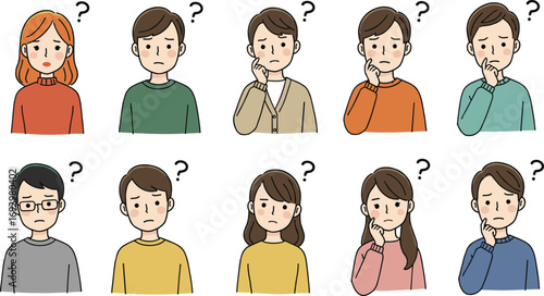 Confused people cartoon faces with question marks, puzzled expression character set, thinking or wondering emotion vector illustration, hand-drawn flat style