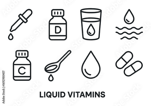 Icons of liquid vitamins: bottles, drops, glass, and capsules