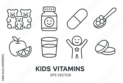 Children's vitamins and supplements icons with fruit and smiling figures