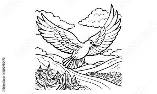 Dove Kids t shirt design silhouette and vector line art, Detailed Line Art, Perfect for Relaxation and Stress Relief, Great for Adult Coloring Books or Printable Art Therapy Activities.