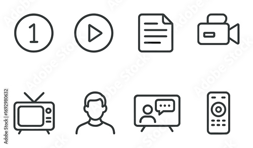Media and communication icons: video, television, document, remote control, play button set