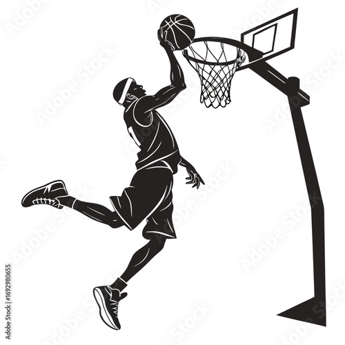 Basketball player silhouette isolated on white background performing slam dunk in a basketball game action