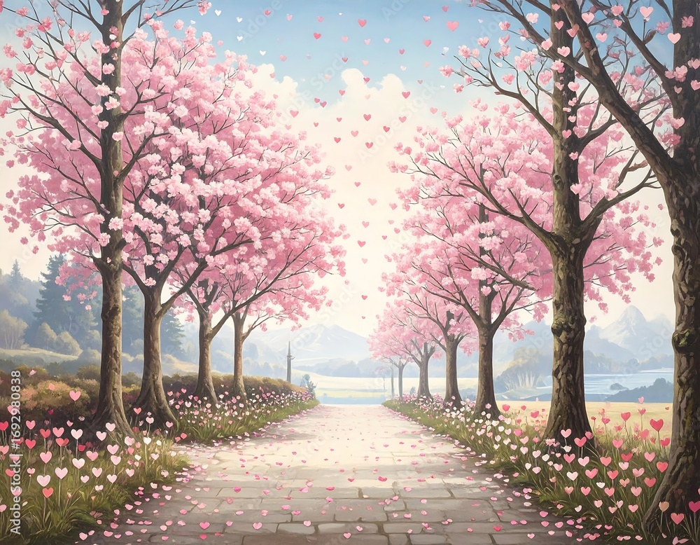 Naklejka premium Heart-shaped petals fall on a path between blossoming trees
