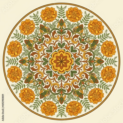 Intricate circular floral mandala pattern with warm orange and green tones on a light cream background