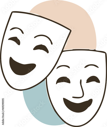 of two overlapping black comedy masks with smiling faces, set against abstract beige and light blue background shapes.