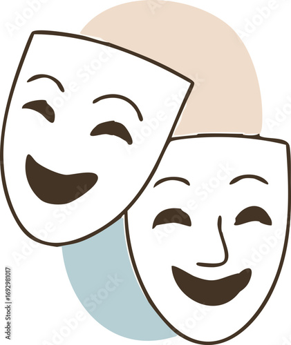 of two overlapping black comedy masks with smiling faces, set against abstract beige and light blue background shapes.