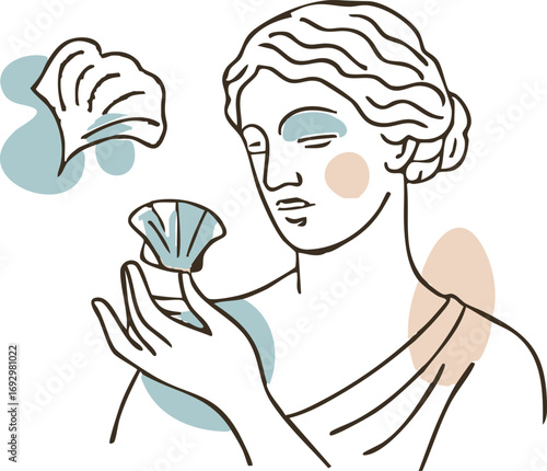 a minimalist line art illustration of a classical female figure holding a fan-like object, accented with pastel blue and beige abstract shapes.