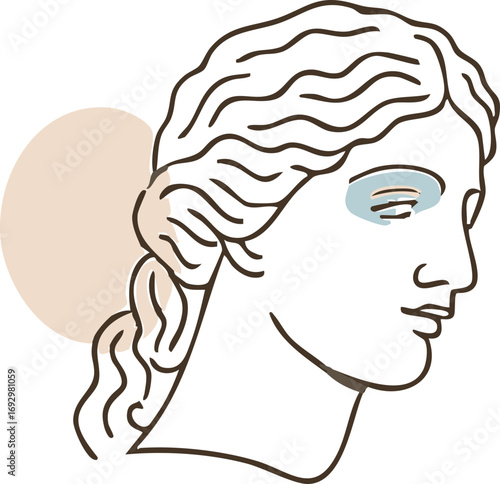 a minimalist line art illustration of a classical bust with wavy hair tied back, accented by beige and blue abstract shapes highlighting the eye and background.