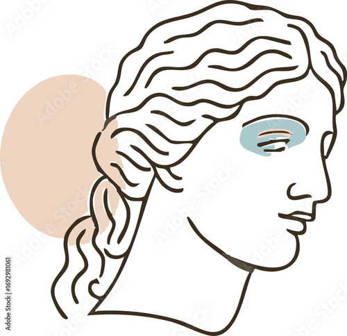 a minimalist line art illustration of a classical bust with wavy hair tied back, accented by beige and blue abstract shapes highlighting the eye and background.