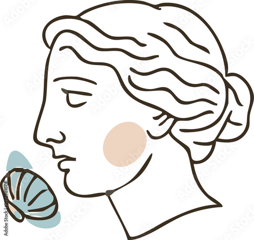 a classical-style female profile outlined in dark lines, with a soft beige circular accent on her cheek and a light blue butterfly near her lips, blending minimalism with elegance.
