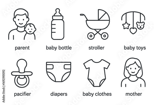 Parenting icons set with baby bottle, stroller, pacifier, and more