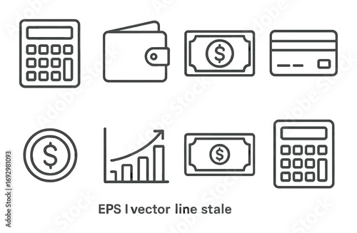 Finance icons: calculator, wallet, cash, credit card, stock graph in line style