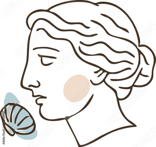 a classical-style female profile outlined in dark lines, with a soft beige circular accent on her cheek and a light blue butterfly near her lips, blending minimalism with elegance.