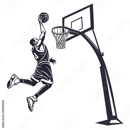 Basketball player in midair about to dunk the ball isolated on white background, showcasing athletic skill and determination