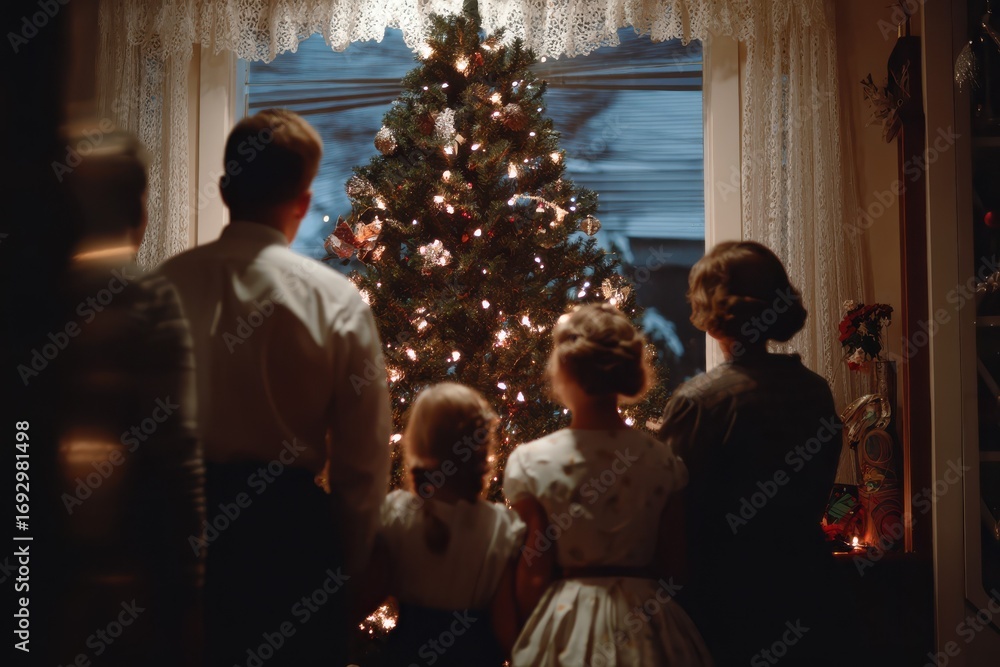 Fototapeta premium Family admiring illuminated christmas tree through window at night