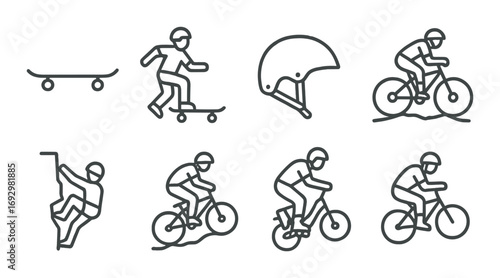 Outline of extreme sports activities: skateboarding, climbing, cycling, safety gear icons