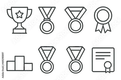 Outline icon set of trophies, medals, awards, podium, and certificate on dark background
