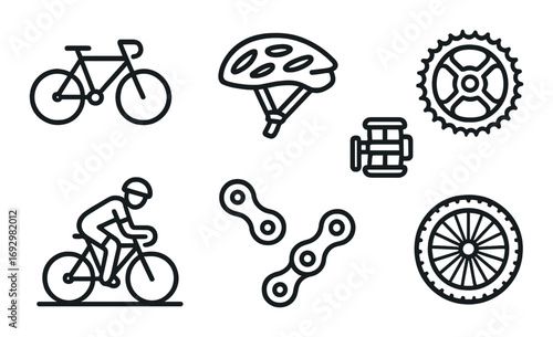 Bicycle gear icons: helmet, chain, pedal, gear, rider, and wheel