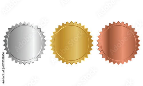 Gold, silver and bronze medals set vector illustration. 3d realistic award seals isolated on transparent background