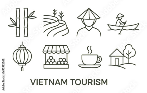 Vietnam tourism icons: bamboo, rice terraces, conical hat, boat, lantern, fruit stand, coffee, house
