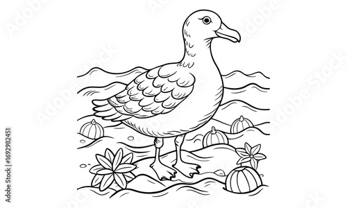 Albatross Kids t shirt design silhouette and vector line art, Detailed High-Quality Line Art, Suitable for Adult Coloring Books, Stress Relief, Relaxation, and Printable Art Therapy Projects.
