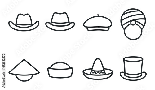 Variety of cultural hat outlines: cowboy, fedora, beret, turban, conical, kufi, sombrero, top hat