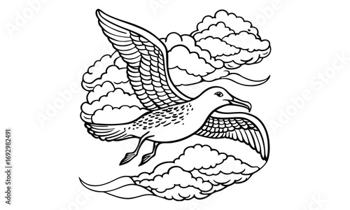 Albatross Kids t shirt design silhouette and vector line art, Detailed High-Quality Line Art, Suitable for Adult Coloring Books, Stress Relief, Relaxation, and Printable Art Therapy Projects.