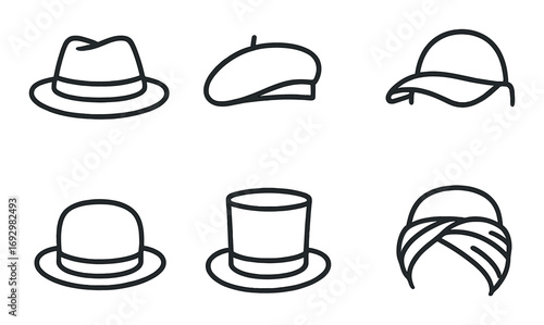 Collection of iconic hat outlines on brown gradient background