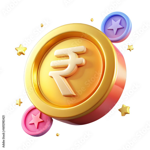 Golden coin with rupee symbol surrounded by stars isolated on a transparent background currency