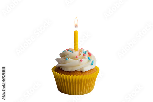 Festive birthday cupcake with creamy white frosting, colorful sprinkles, golden candle flame, vibrant yellow liner, isolated on black background, celebratory food photography in minimalist studio styl