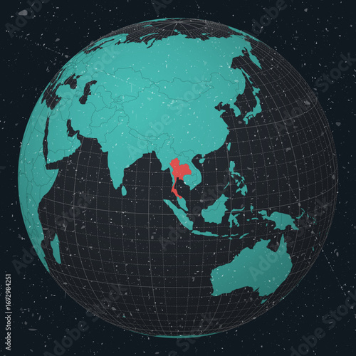 Thailand on Globe. Vintage look with grunge scratched texture. Country view on world map in Dark Charcoal Turquoise color palette. Thailand shape on map. Globe with meridians and parallels.