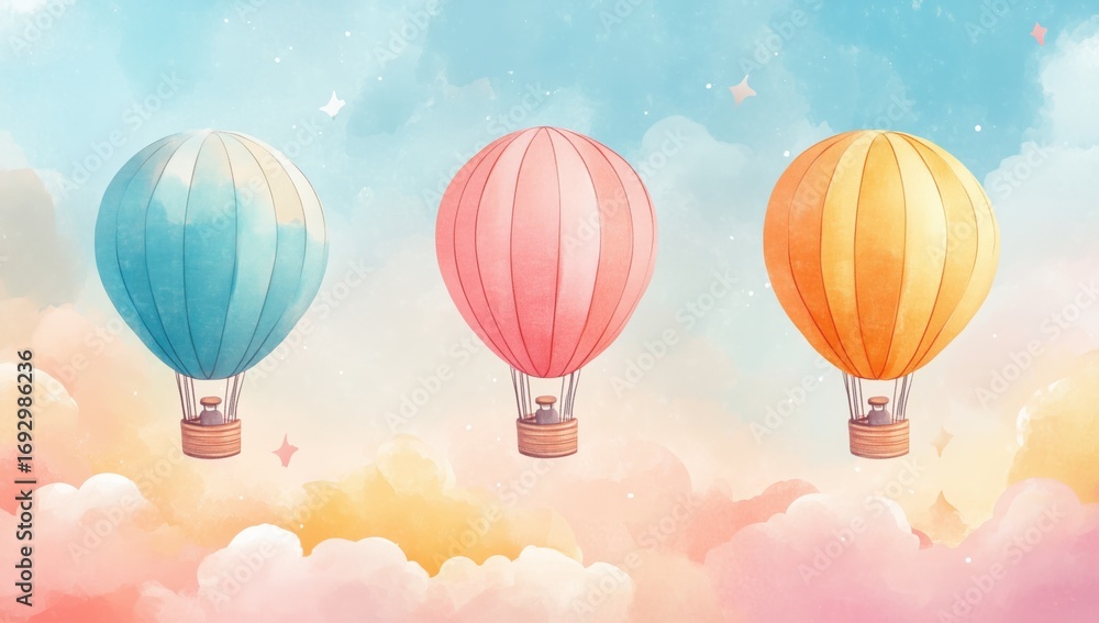 Fototapeta premium Three colorful hot air balloons floating in the sky