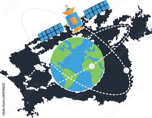 Modern Vector Illustration of Satellite Communication with Earth in Blue and Green Colors