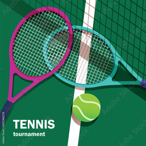 Tennis tournament, championship poster, two rackets and ball on the court, net. Vector flat illustration. Tennis training concept outdoors, sports school, tennis club, sports accessories