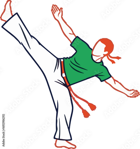 Capoeira Vector Illustration of Person Kicking Modern Style with White Pants Green Shirt and Red Details
