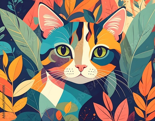 Colorful cat amidst autumn leaves