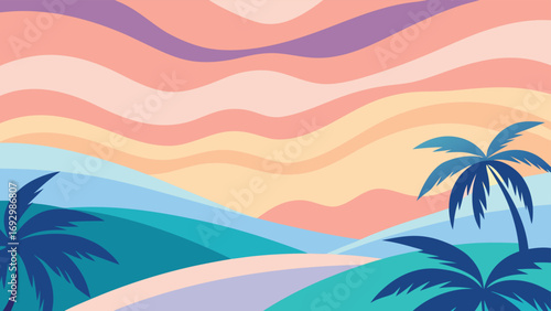Stylized Tropical Landscape with Wavy Hills and Palm Trees at Sunset vector illustration