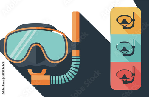 Modern Vector Illustration of Snorkel Mask in Flat Design with Orange Accents and Multiple Application Examples