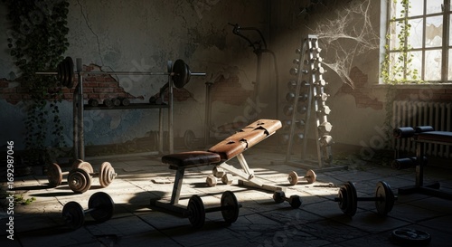 A dilapidated, abandoned gym interior with weightlifting equipment, showcasing a scene of decay and neglect.