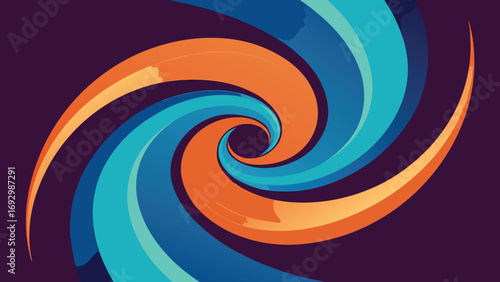 Swirling abstract vortex of blue orange and teal colors on a dark purple background spiral gradient