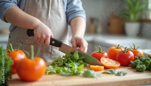 Person chopping vegetables on wooden cutting board in kitchen  
