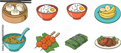 Asian food cartoon illustration with dumplings, rice bowls, noodles, meat skewers, banana leaves, and traditional wrapped dishes for vector design