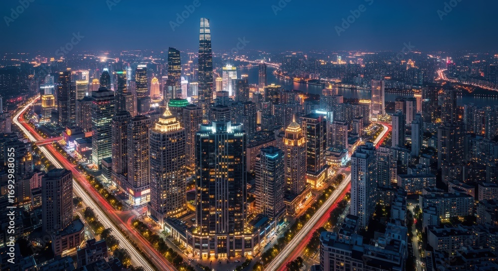 Fototapeta premium Nighttime Aerial View of Modern Cityscape with Illuminated Skyscrapers and Traffic Trails