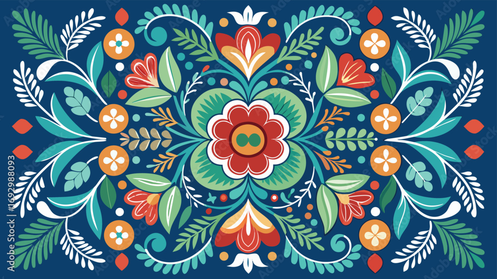 Fototapeta premium Symmetrical Folk Art Floral Pattern With Red Blue Green Orange And White Flowers And Leaves On Dark Blue Background
