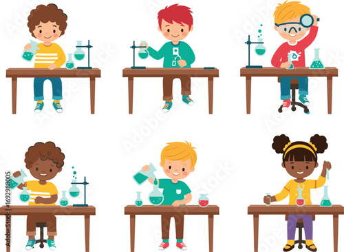 Cartoon children doing science experiments with lab tools, beakers, test tubes, burners for STEM education, classroom learning vector illustration